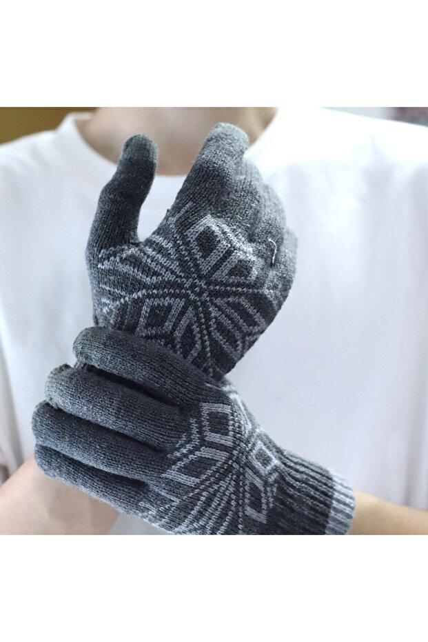 Men's Gloves with Snowflake Pattern, Touchscreen Function, Knitted Acrylic Material, Elastic - 7