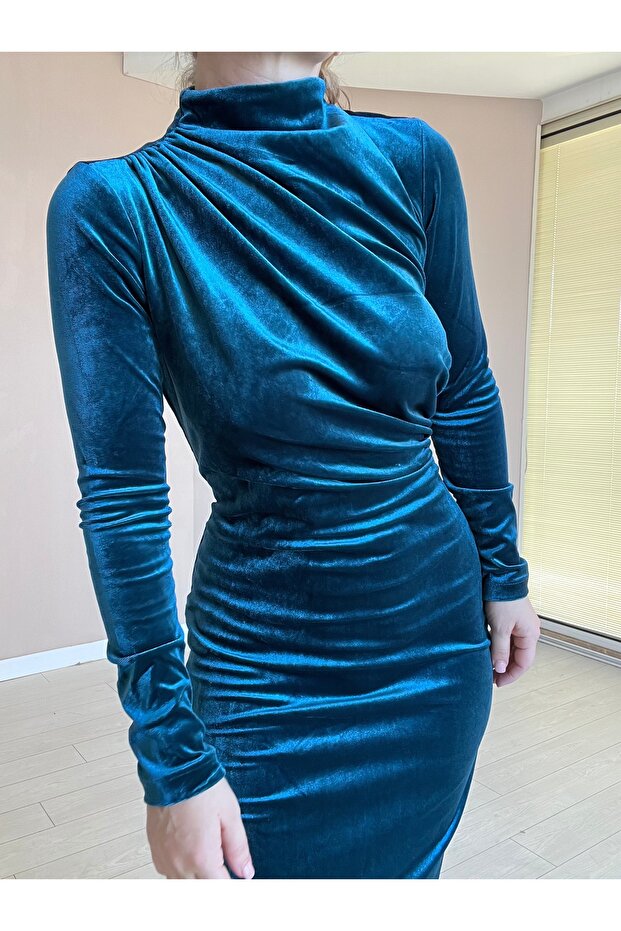 drapeli kadife şık gece elbise - 3