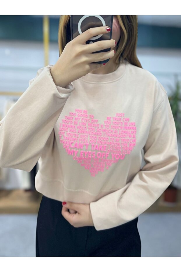 Baskılı Crop Sweatshirt - 3