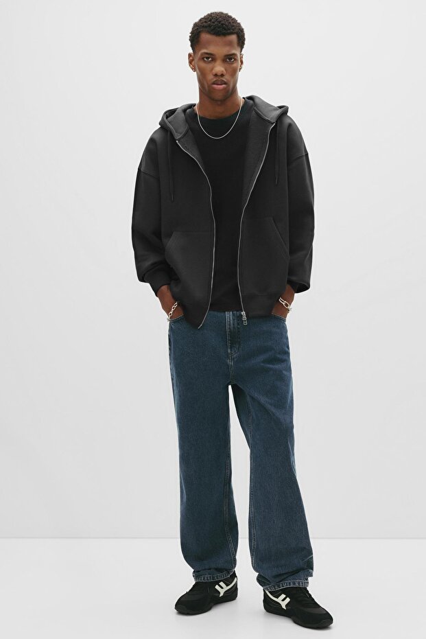 Basic kapüşonlu fermuarlı sweatshirt - 2