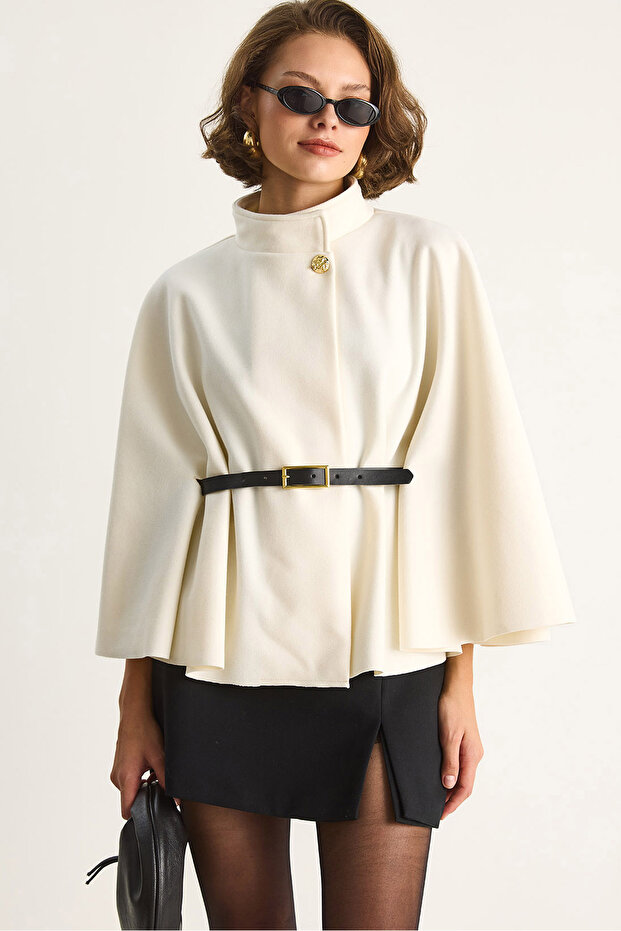 Women's Cream Gold Button Detailed Belted Poncho 2712 60261570