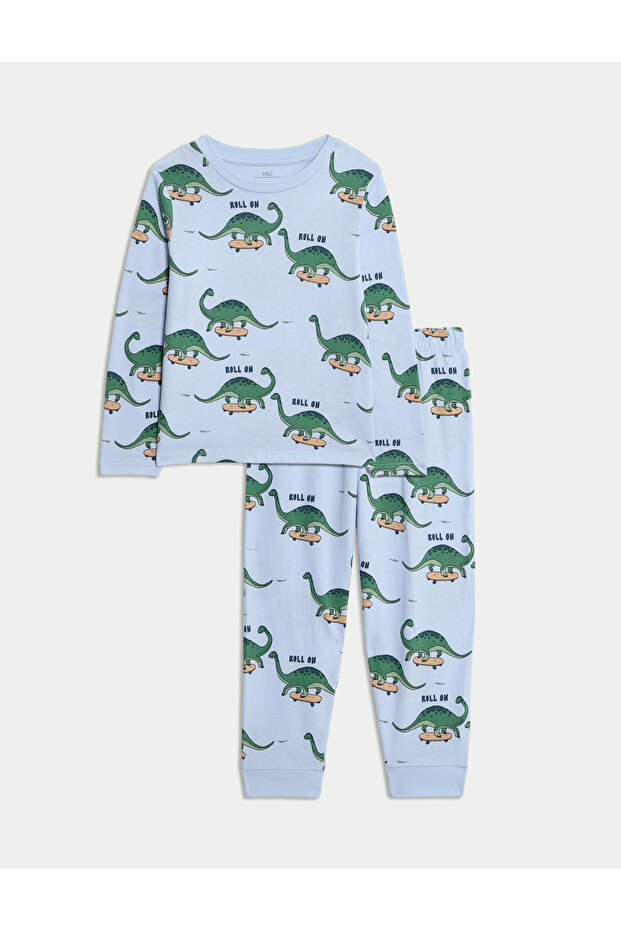 Saf Pamuklu Dinozor Desenli Pijama (1–8 Yaş) - 1