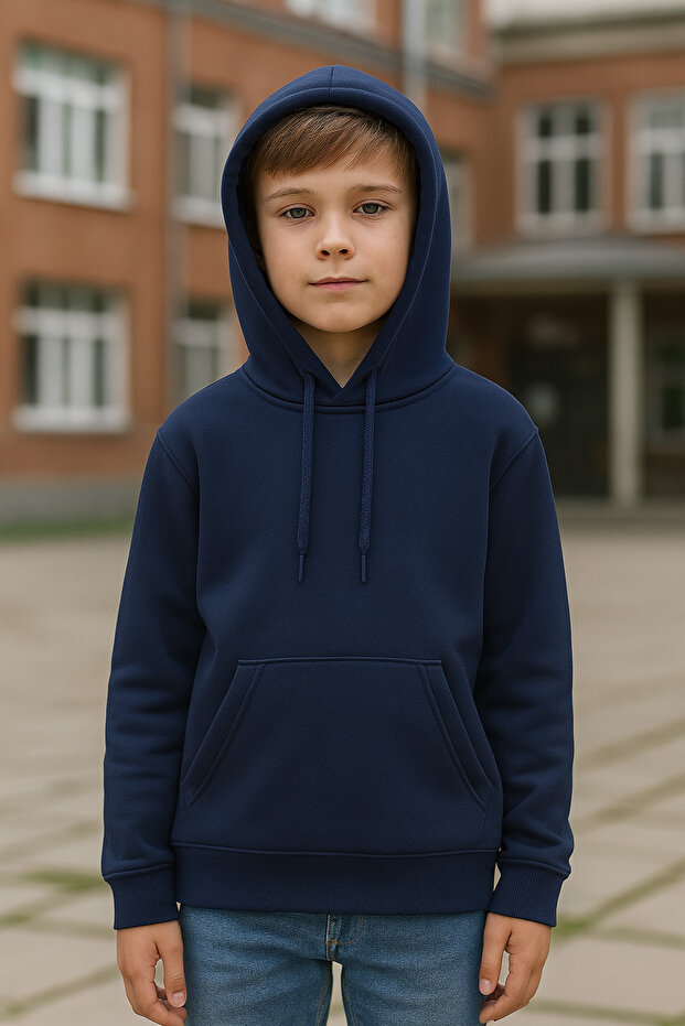 Children's Navy Blue 2 Thread Compact Combed Cotton Lycra Kangaroo Pocket Hooded Sweatshirt Cardigan