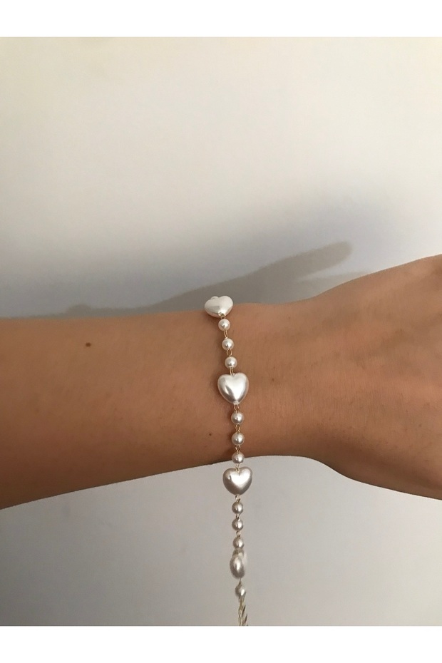 Pearl Heart Model Gold Detail Shiny White Bracelet