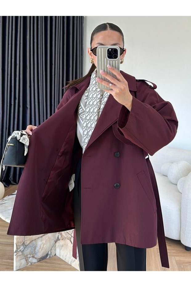 Mürdüm Oversize Düşük Omuz Kısa Trenç - 9580 - 3