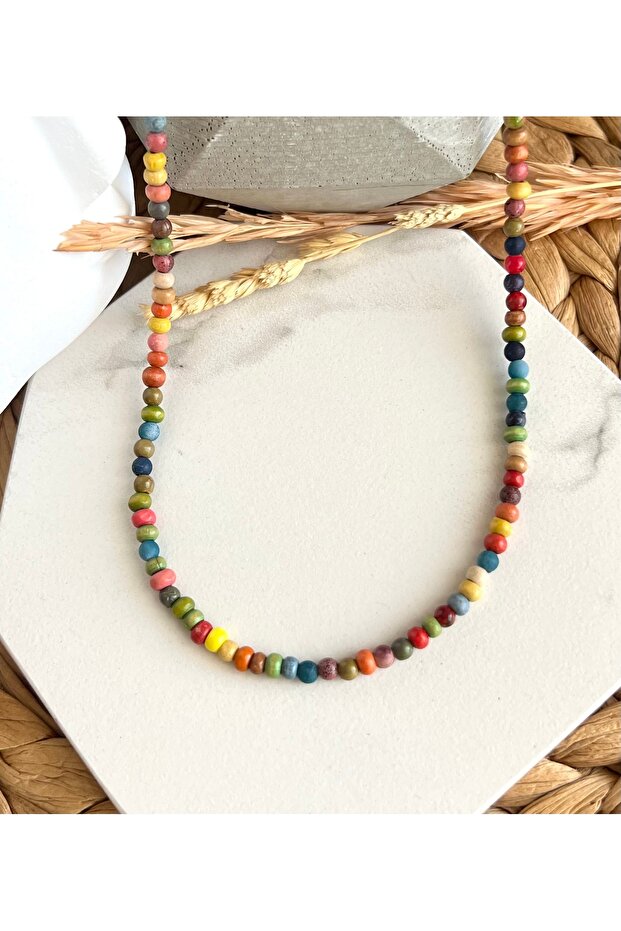 Renkli Ahşap Boncuklu Kolye - 1
