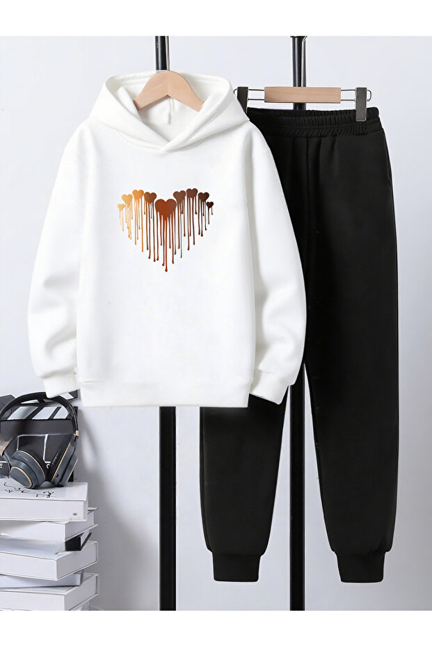 Melting Hearts Printed Oversize Children's Sweatshirt Tracksuit Set