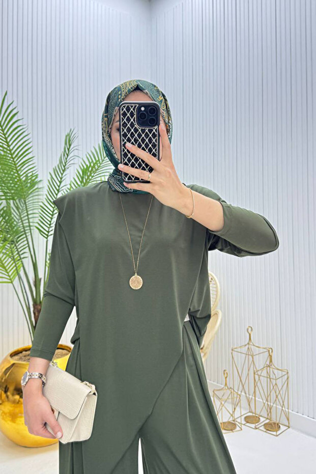 Women's Candy Fabric Asymmetrical Cut Tunic Pants Two-Piece Hijab Suit Nms072