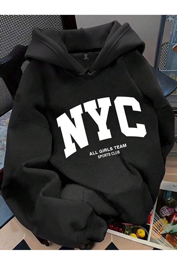 NYC Baskılı Kapüşonlu Oversize Sweatshirt - 1