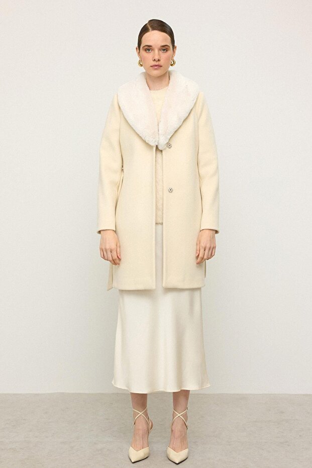 Shawl Collar Fur Belted Coat Ecru 3093