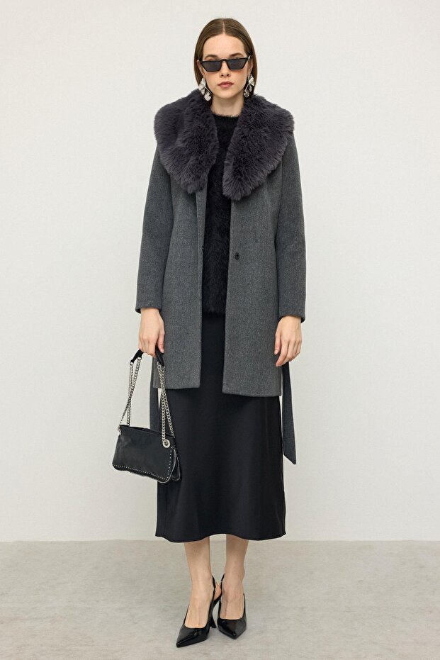 Shawl Collar Fur Waist-Tied Coat Dark Gray 3093