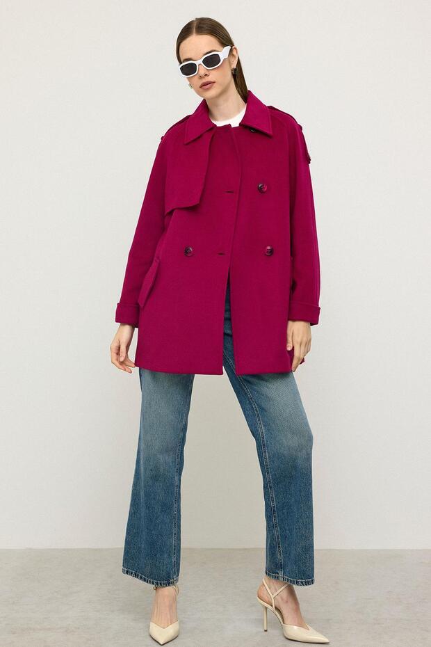 Reglan Sleeve Epaulet and Cape Detailed Cashmere Coat Fuchia 3131