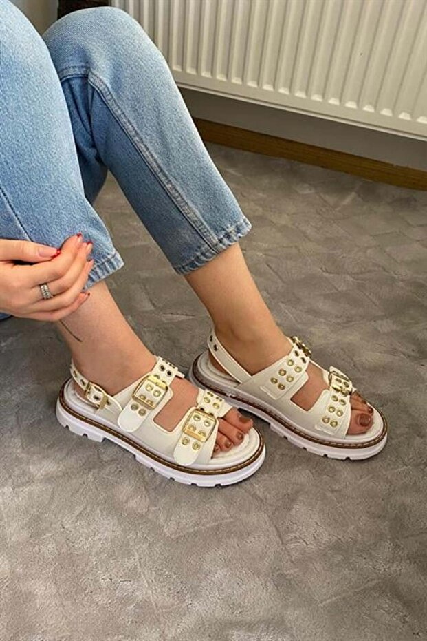 Women's White Leather Double Strap Capsule and Vardola Detailed Thick Sole Orthopedic Sandals K-120