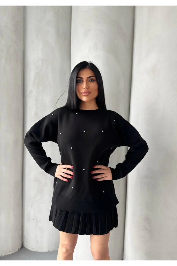 Women's Black Pearl Stone Embroidered Sweater Skirt Bottom Top Two-Piece Knitwear Set