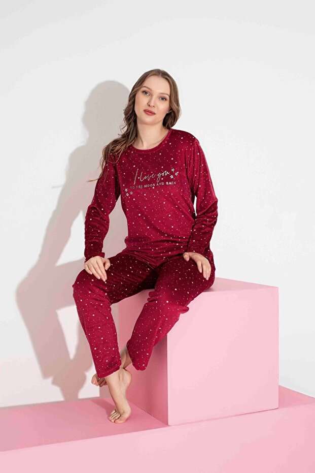 Women's Star Patterned Long Sleeve French Velvet Fabric Winter Warm Pajamas Set