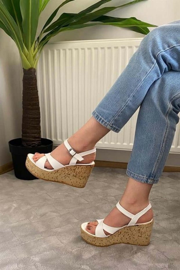 Women's White Leather Cross Strap High Wedge Cork Sole Shoes & Sandals K-900
