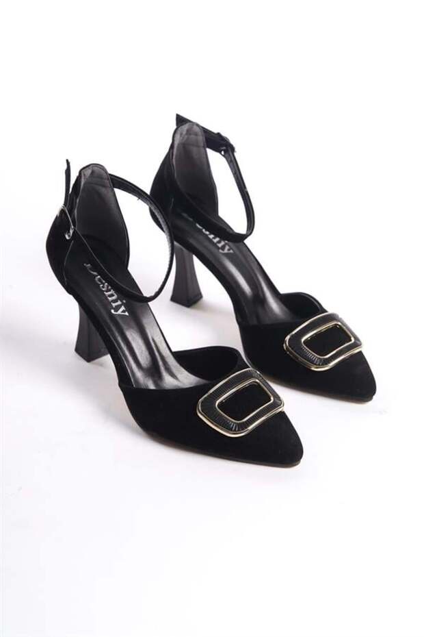 Women's Black Suede Ankle Strap Square Buckle Open Side Goblet Heeled Shoes