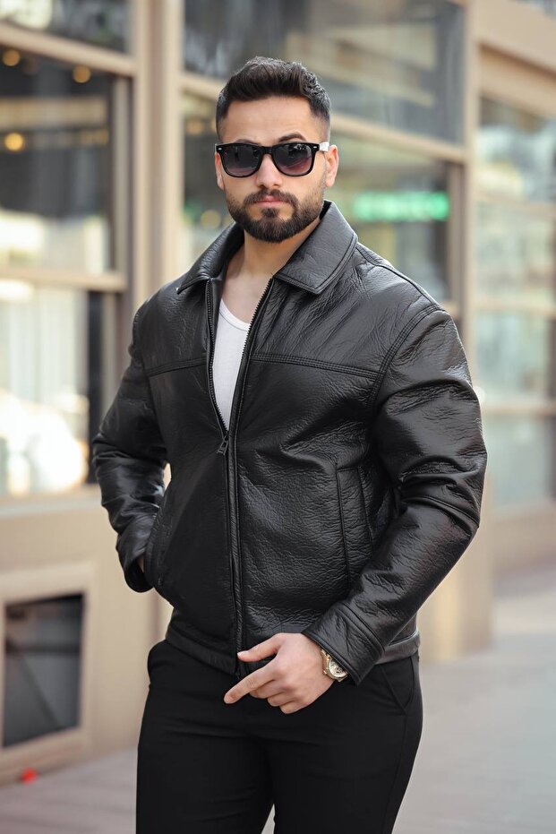 سترة جلدية سوداء كبيرة الحجم للرجال - 2