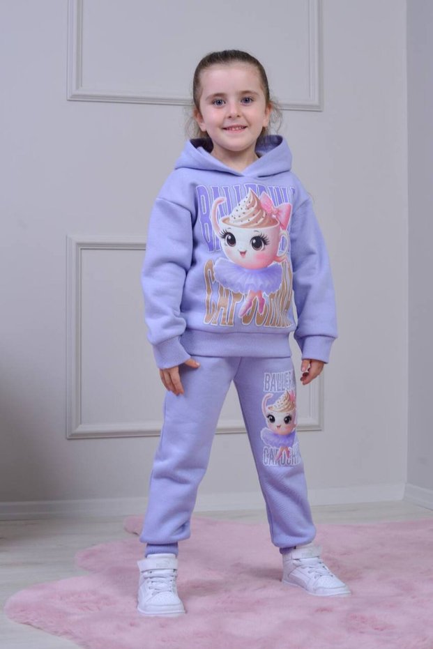 Girls' Ballerina Cappucino Three-Thread Ribbed Hooded Two-Piece Suit