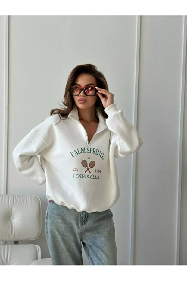 Palm Springs Tennis Club Printed Half Zipper Stand Collar Women's 3-Thread Thick Winter White Sweatshirt
