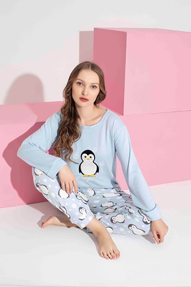 Kadın Penguen Desenli Termal Kumaş Pijama Takımı Anne Kız Kombin Tek Tek Sepete Eklenmelidir. - 5