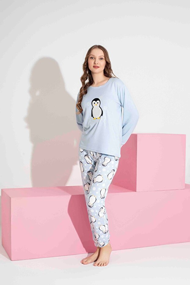 Kadın Penguen Desenli Termal Kumaş Pijama Takımı Anne Kız Kombin Tek Tek Sepete Eklenmelidir. - 3