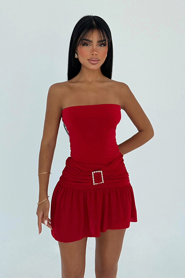 Red Jody Mini Dress with Stone Accessories Ate-3115
