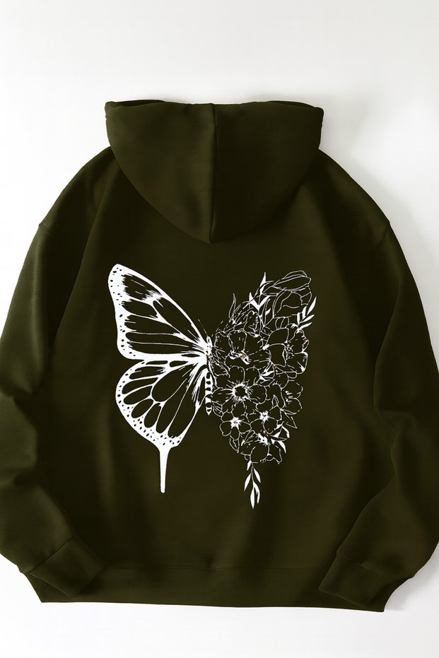 Unisex Hooded Sweatshirt | Printed Oversize Hoodie – Butterfly and Floral Pattern – Comfortable Casual Style