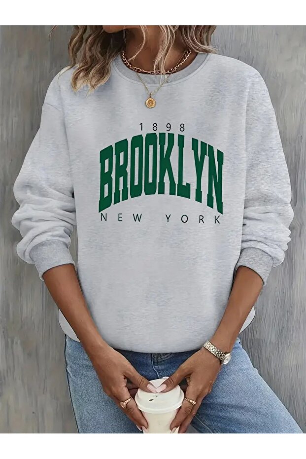 Women's Brooklyn (Green) Printed Crew Neck Gray Black Sweatshirt Oversize Loose