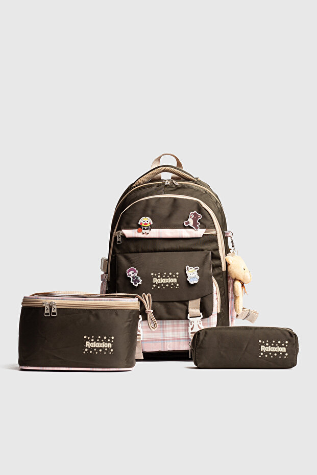 Rlx-1396 Set of 3 Children's Primary School Bag with Pencil Case and Lunch Bag Backpack Khaki