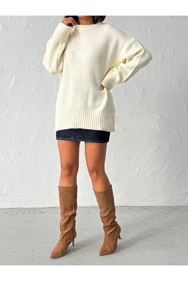 Kadın Ekru Yumuşak Dokulu Bisiklet Yaka Oversize Basic Triko Kazak - 8