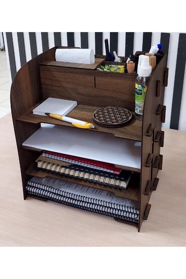 Wooden Desktop Shelf Organizer Pen Holder Napkin Holder