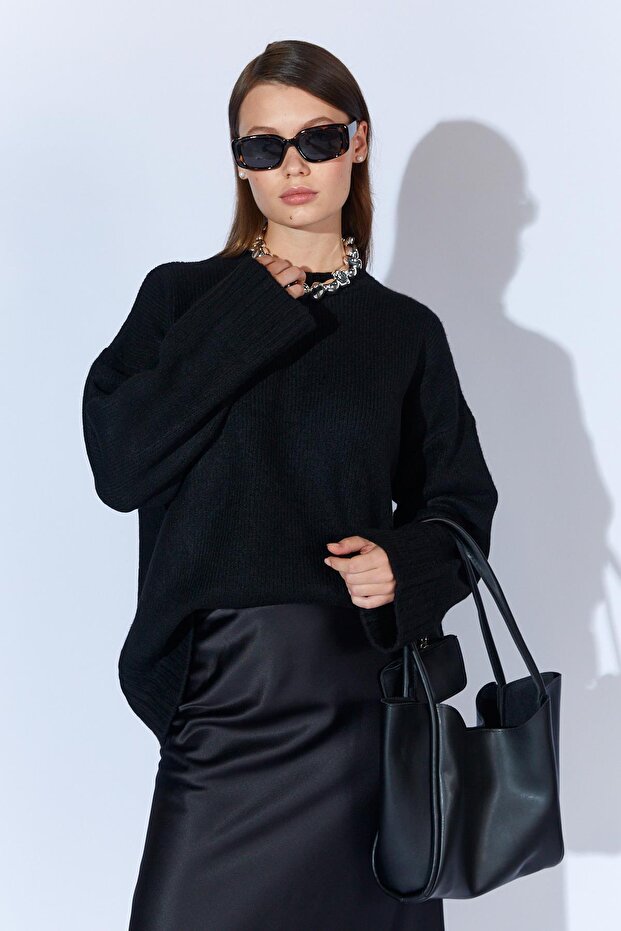 Kadın Siyah Bisiklet Yaka Basic Triko Kazak - 2