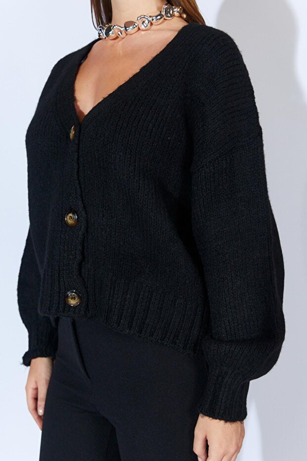 Kadın Siyah V Yaka Basic Hırka - 7