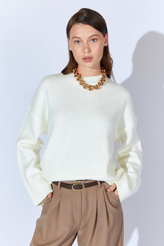 Kadın Krem Bisiklet Yaka Basic Triko Kazak - 1