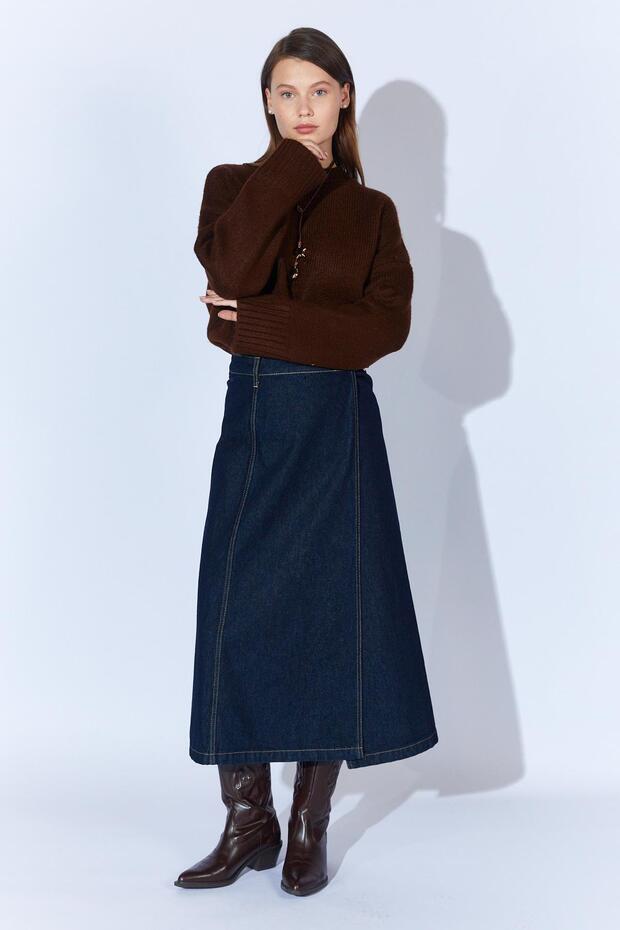 Kadın Kahve Bisiklet Yaka Basic Triko Kazak - 5