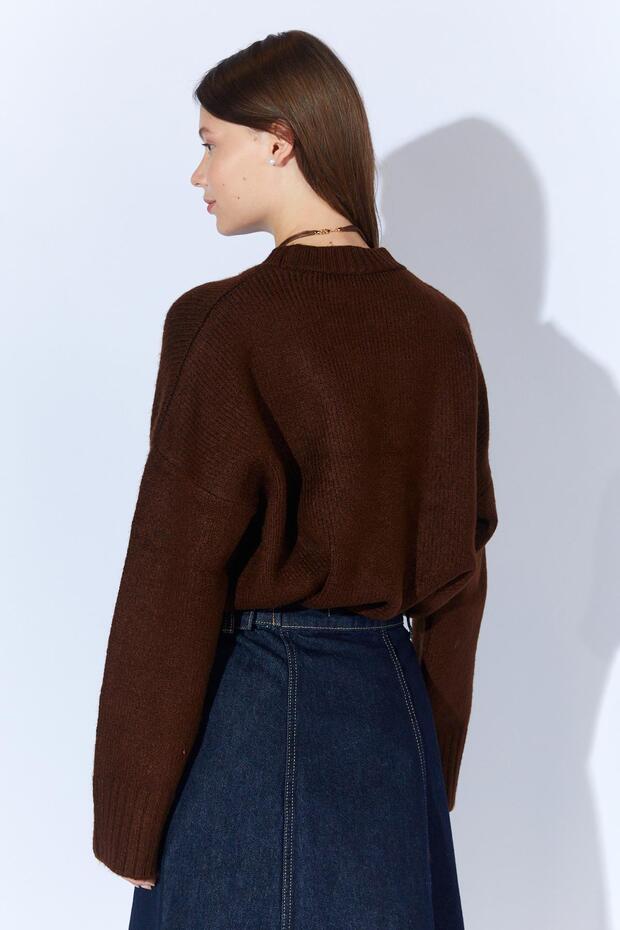 Kadın Kahve Bisiklet Yaka Basic Triko Kazak - 7