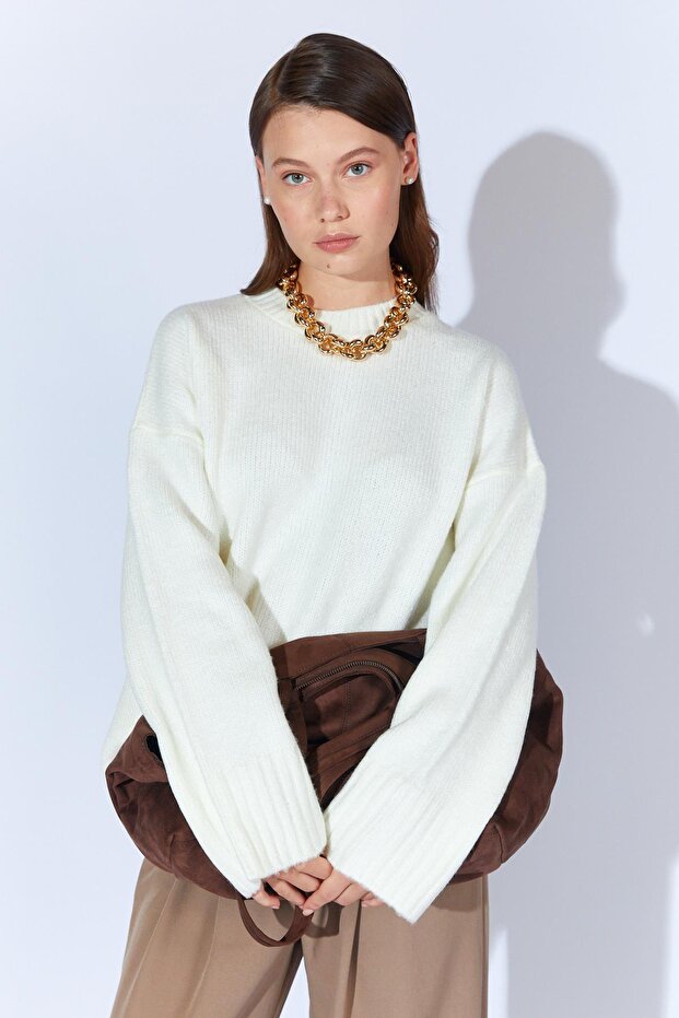 Kadın Krem Bisiklet Yaka Basic Triko Kazak - 4