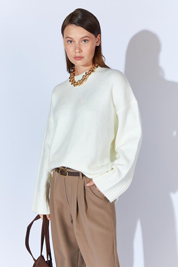 Kadın Krem Bisiklet Yaka Basic Triko Kazak - 3