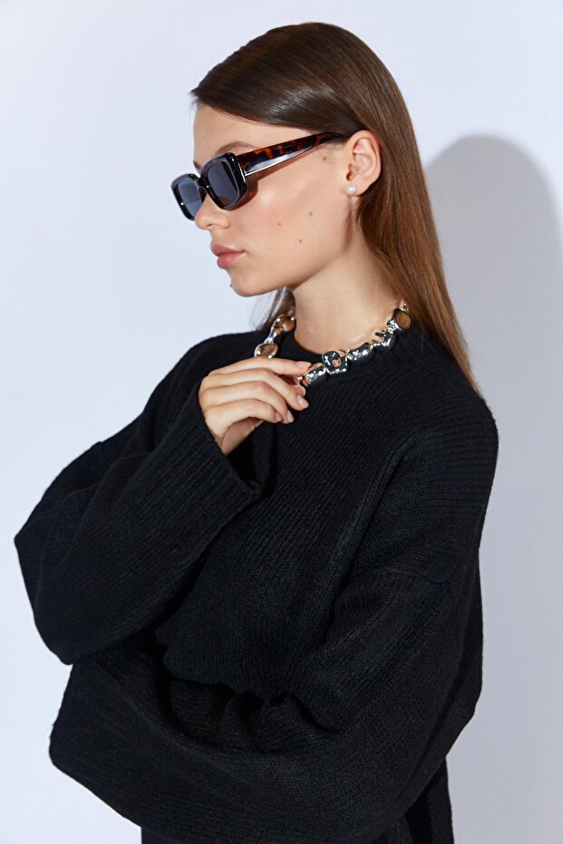 Kadın Siyah Bisiklet Yaka Basic Triko Kazak - 4