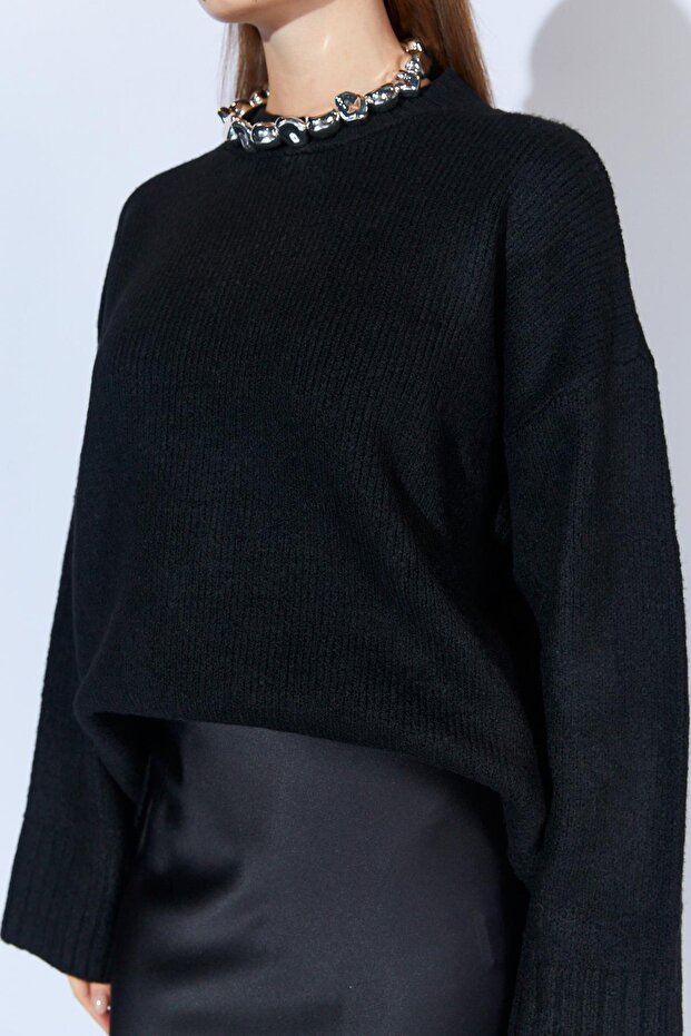 Kadın Siyah Bisiklet Yaka Basic Triko Kazak - 6