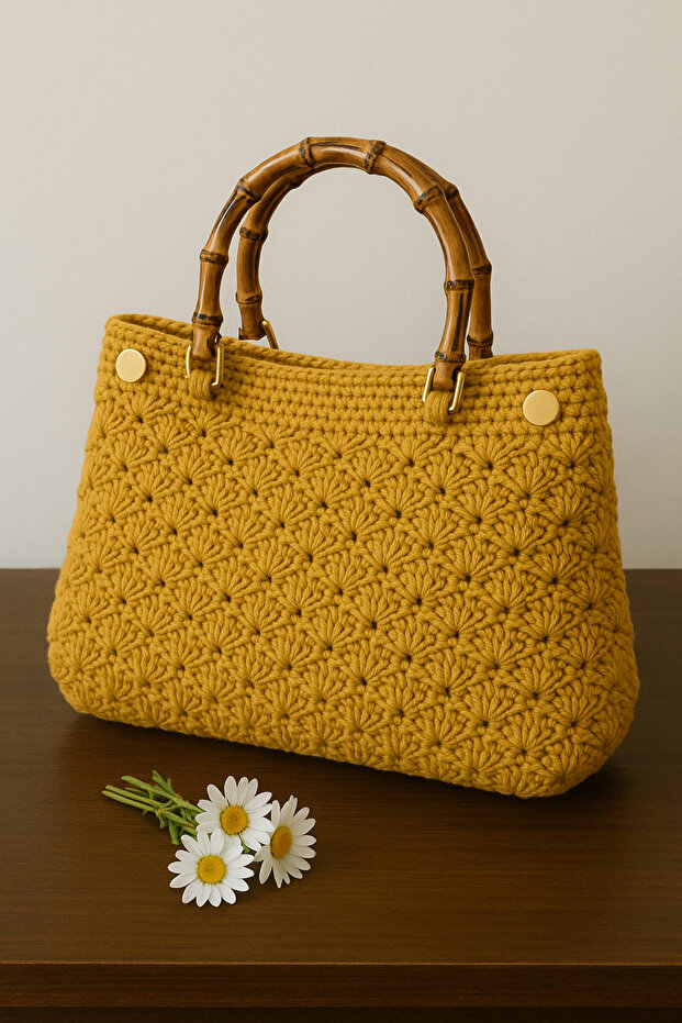 Hardal Rengi Tığ İşi Örgü Çanta, Bambu Saplı, El Yapımı Çanta - 1