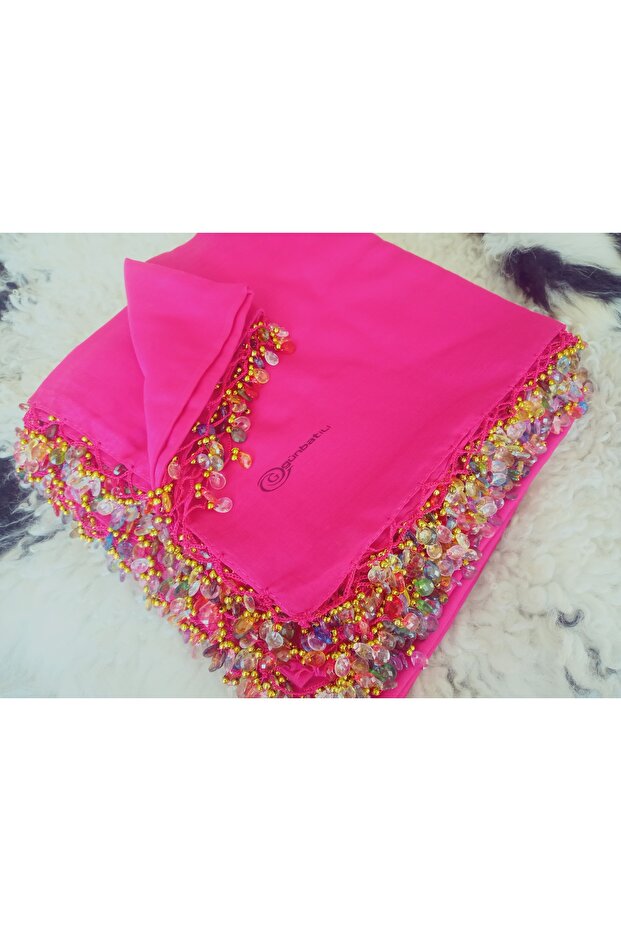 Handmade Crystal Drop Stone Beaded Writing, Cheesecloth Yemeni, Scarf, 4 Edges Embroidered