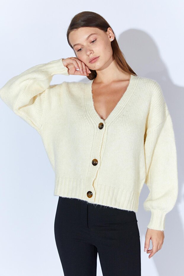 Kadın Krem V Yaka Basic Hırka - 1