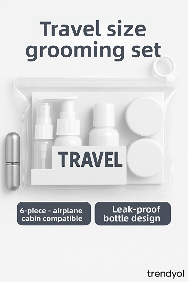 6 Piece Colorful Travel Grooming and Cosmetic Set, Airplane Cabin Compatible, Perfume Bottle