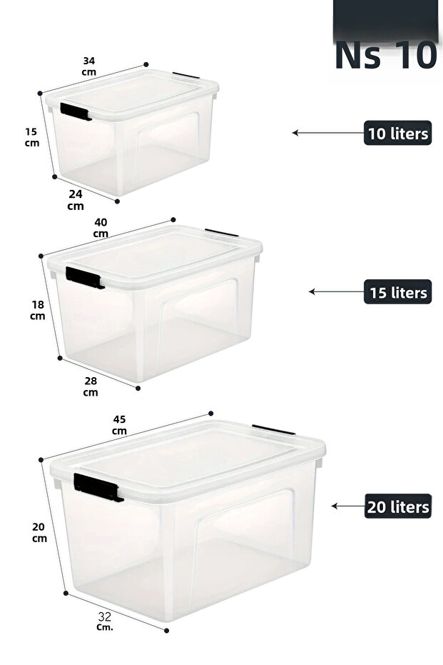 3-Piece Storage Container Horizontal Rectangular with Locking Lid Multi-Purpose Toy Storage Box 10-15-20 Liters - 7