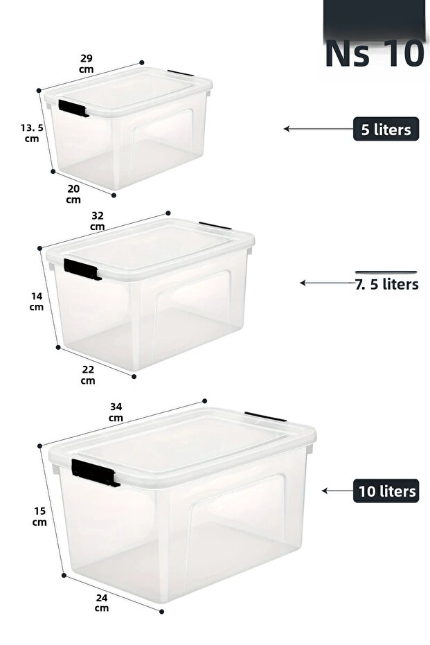 3-Pack Storage Container Horizontal Rectangular with Locking Lid Multi-Purpose Toy Storage Box 5-7.5-10 Liters - 7