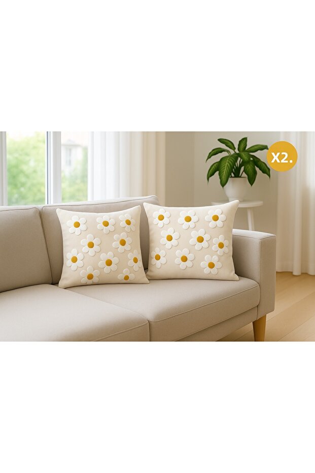 2 Pieces Daisy Patterned Punch Embroidered Special Design Decorative Throw Pillow Covers Set of 2