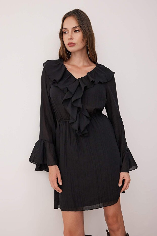 Siyah Fırfır Detaylı Boho Kısa / Mini Dokuma Elbise TWOAW26EL00172 - 2