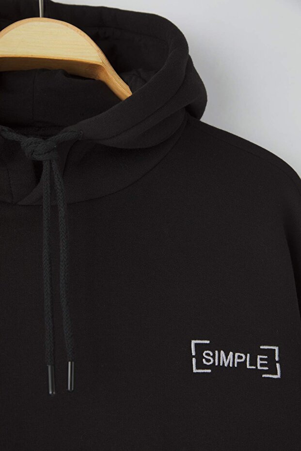 Siyah Basic Oversize/Geniş Kesim Kapüşonlu İçi Polar/Sıcak Tutan Sweatshirt TMNAW21SW2005 - 3